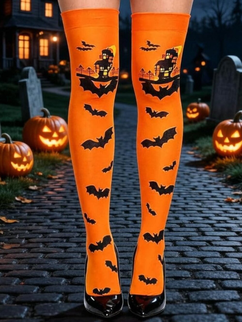 NEW Halloween Thigh High Stockings Haunted House Bats Orange & Black Cosplay